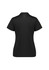 A black women's short sleeve polo shirt with a branded logo, featuring decorative detailing on the sleeves.
