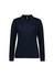 A women's long sleeve polo shirt in navy blue with a collar and button placket, featuring a logo.