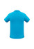 A short sleeve polo shirt in bright blue with a back view and a logo on the side.