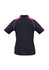 A women's short sleeve polo shirt in navy with red accents and a logo. Features a classic polo collar and sporty design.