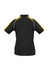 A black women's polo shirt with yellow and white accents on the shoulders, featuring a logo.
