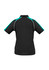 A black women's polo shirt with teal accents, featuring a logo on the back.