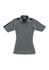 Women's short sleeve polo shirt in grey with black and white accent details; features a collar and a logo.