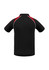 A black men’s polo shirt with red accents and a collar, featuring a logo on the chest.