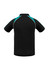 A black short sleeve polo shirt features turquoise accents and has a logo on the back.