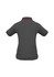 A grey women's short sleeve polo shirt with contrasting trim and a logo on the back.