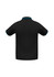 A black short sleeve polo shirt with contrasting blue detailing on the collar, featuring a logo.