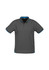 A grey short sleeve polo shirt with blue accents and a collar, featuring a logo.