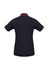 A black women's short sleeve polo shirt with contrasting red trim and a logo on the front.