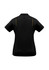 A black women's short sleeve polo shirt featuring yellow detailing and a logo.