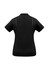A black women's short sleeve polo shirt featuring a back view with a subtle logo.