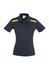 A women's short sleeve polo shirt in navy blue with yellow accents and a branded logo.
