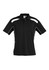 A black short sleeve polo shirt featuring white accents and a logo on the chest.