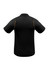 A black short sleeve polo shirt featuring a logo and contrasting yellow detailing on the sides.