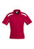 A red short sleeve polo shirt with white accents and a logo on the chest.