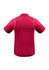 A maroon short sleeve polo shirt featuring a logo, shown from the back view.