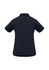 A black women's short sleeve polo shirt featuring a classic collar and a logo.