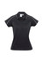 A black women's short sleeve polo shirt with contrast stitching and a logo on the label.