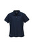 A navy women's micro waffle short sleeve polo shirt with a zippered collar and a brand logo.