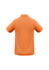 A back view of a short-sleeved, orange polo shirt with a collar and a logo.