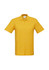 A yellow short sleeve polo shirt featuring a collar and three-button placket, with a logo on the chest.