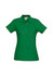 A green ladies' polo shirt with a classic collar and buttons, featuring a logo.