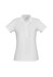 A white polo shirt for ladies featuring a collar, short sleeves, and a front button placket. Includes a logo.