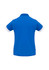 A blue women's short sleeve polo shirt with white collar and sleeve accents, featuring a logo on the front.