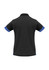 A black women's polo shirt with blue collar and sleeve accents, featuring a logo on the back.