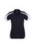 A women's short sleeve polo shirt in navy blue with white accents and a logo.