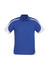 A blue short sleeve polo shirt with white accents and a logo on the chest.