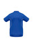 A blue short sleeve polo shirt with yellow accents and a logo on the back.