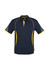 A navy polo shirt with yellow accents and mesh sleeves, featuring a logo on the chest.