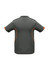 A grey polo shirt with orange accents, featuring a logo on the left side. Short sleeves and a classic collar design.