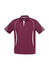 A maroon short sleeve polo shirt featuring white accents and a logo on the collar.