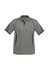 A short sleeve polo shirt in grey with contrasting black side panels and a logo on the chest.