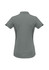 A women's short sleeve polo shirt in grey with black accents, featuring a collar and a logo.