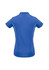 A blue women's short sleeve polo shirt featuring a curved hem and contrasting side panel detailing.