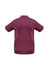 A burgundy kids' polo shirt with short sleeves and white accents, featuring a logo on the back.