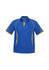 A blue polo shirt with yellow accents and mesh panels on the sleeves, featuring a logo on the chest.