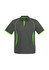 A short sleeve polo shirt in grey with lime green accents and a logo on the chest.
