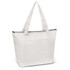 A large white cooler bag with a zip closure and two long handles. It features a front pocket and a logo.