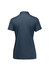 A women's short sleeve polo shirt in navy blue with a subtle texture and a collar, featuring a logo.