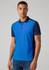A blue and navy short sleeve polo shirt displayed on a model, featuring a collar and a logo.