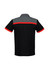 A short sleeve polo shirt in black with grey and red accents, featuring a logo on the back.