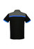 A black and grey short sleeve polo shirt with blue accents and a logo on the back.
