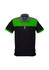 A black short sleeve polo shirt with bright green and grey accents, featuring a collar and a logo.