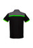 A black short sleeve polo shirt featuring grey and bright green detailing on the shoulders and sleeves, with a logo present.