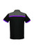 Men's short sleeve polo shirt featuring black fabric with grey and purple accents, including a logo.