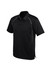A black short sleeve polo shirt featuring a subtle design and a logo on the front.